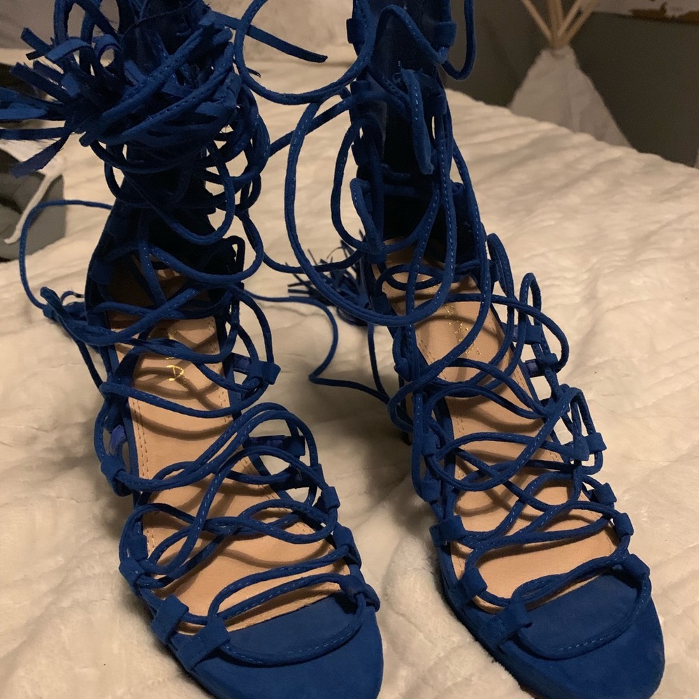 Suede tie up blue heels